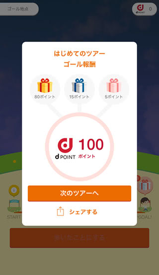 歩いておトク初回ツアーゴールで100ポイント獲得説明画像