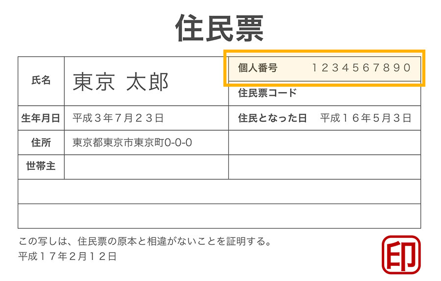 住民票マイナンバー記載確認箇所
