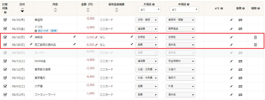 家計簿訂正後の画面